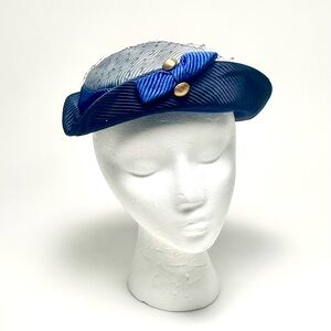 Vintage Tri Tone Blue Pillbox Cocktail Fascinator Hat, Church Derby Buttons Bow